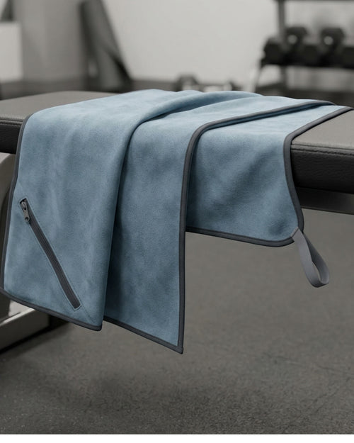 Zedro Suede Microfiber Fitness Towel with Zipper Pocket 82 x 34 cm Dusty Blue - Lifestyle view